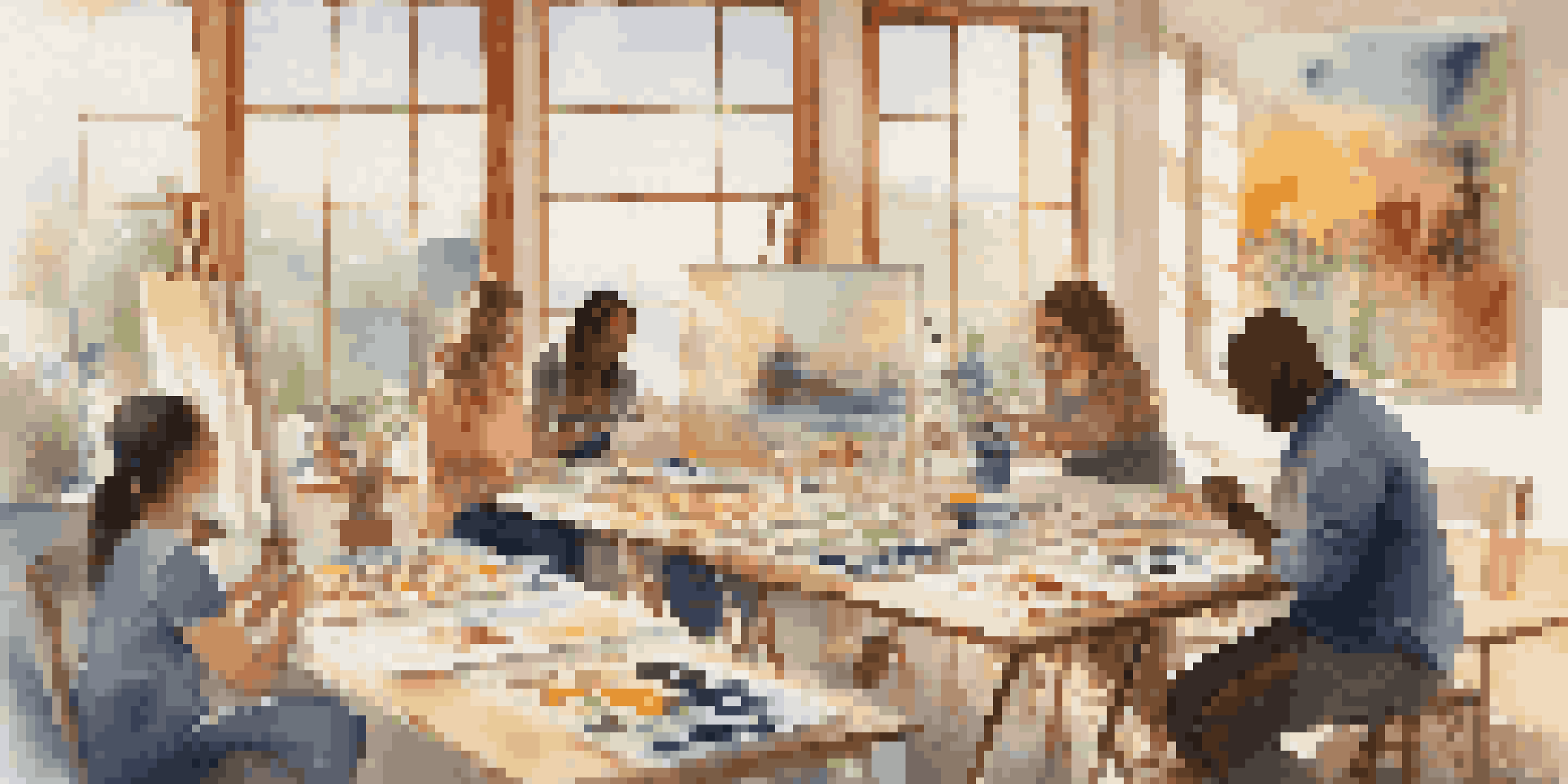 A group of individuals participating in an art therapy session, painting in a bright, sunlit room filled with colorful artworks.