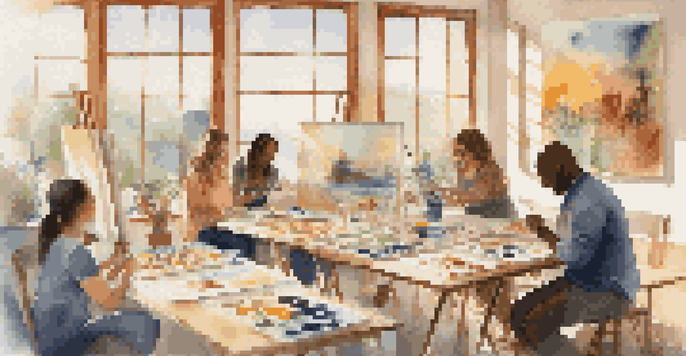 A group of individuals participating in an art therapy session, painting in a bright, sunlit room filled with colorful artworks.