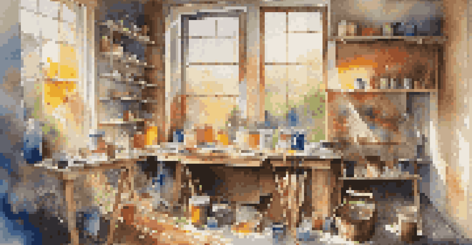 An artist's studio with canvases and paint splatters, illuminated by sunlight, showcasing a colorful painting of a landscape.