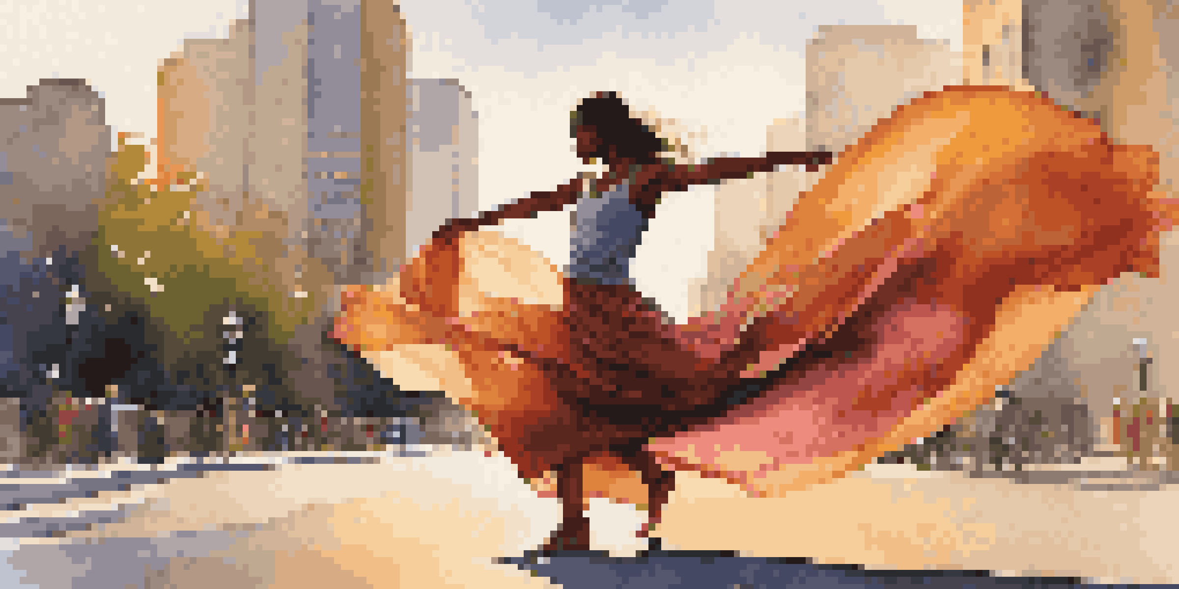 A dancer performing in an urban setting during sunset, with flowing fabric around them and a joyful expression.