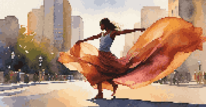 A dancer performing in an urban setting during sunset, with flowing fabric around them and a joyful expression.