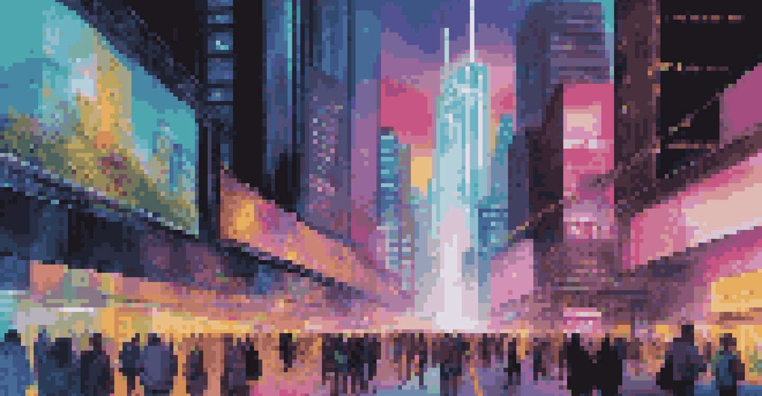 A futuristic city with interactive digital murals on skyscrapers and augmented reality artworks in the streets.