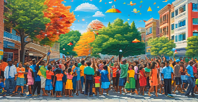 A colorful mural featuring diverse individuals celebrating cultural identities in a sunny environment.