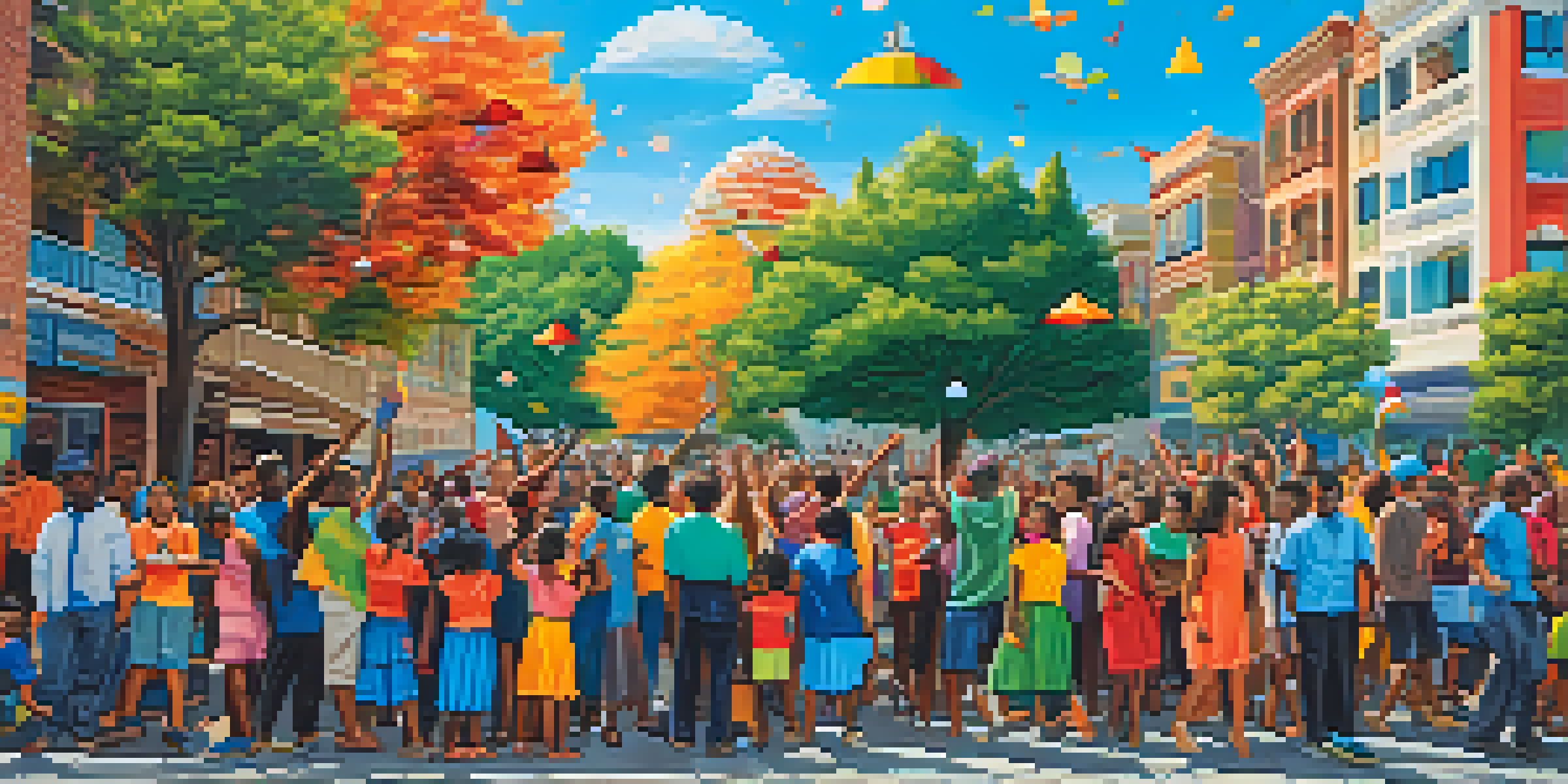 A colorful mural featuring diverse individuals celebrating cultural identities in a sunny environment.