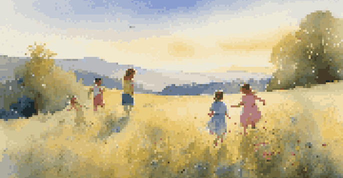 A group of children playing in a sunlit meadow filled with wildflowers, showcasing innocence and joy, surrounded by rolling hills and a clear blue sky.