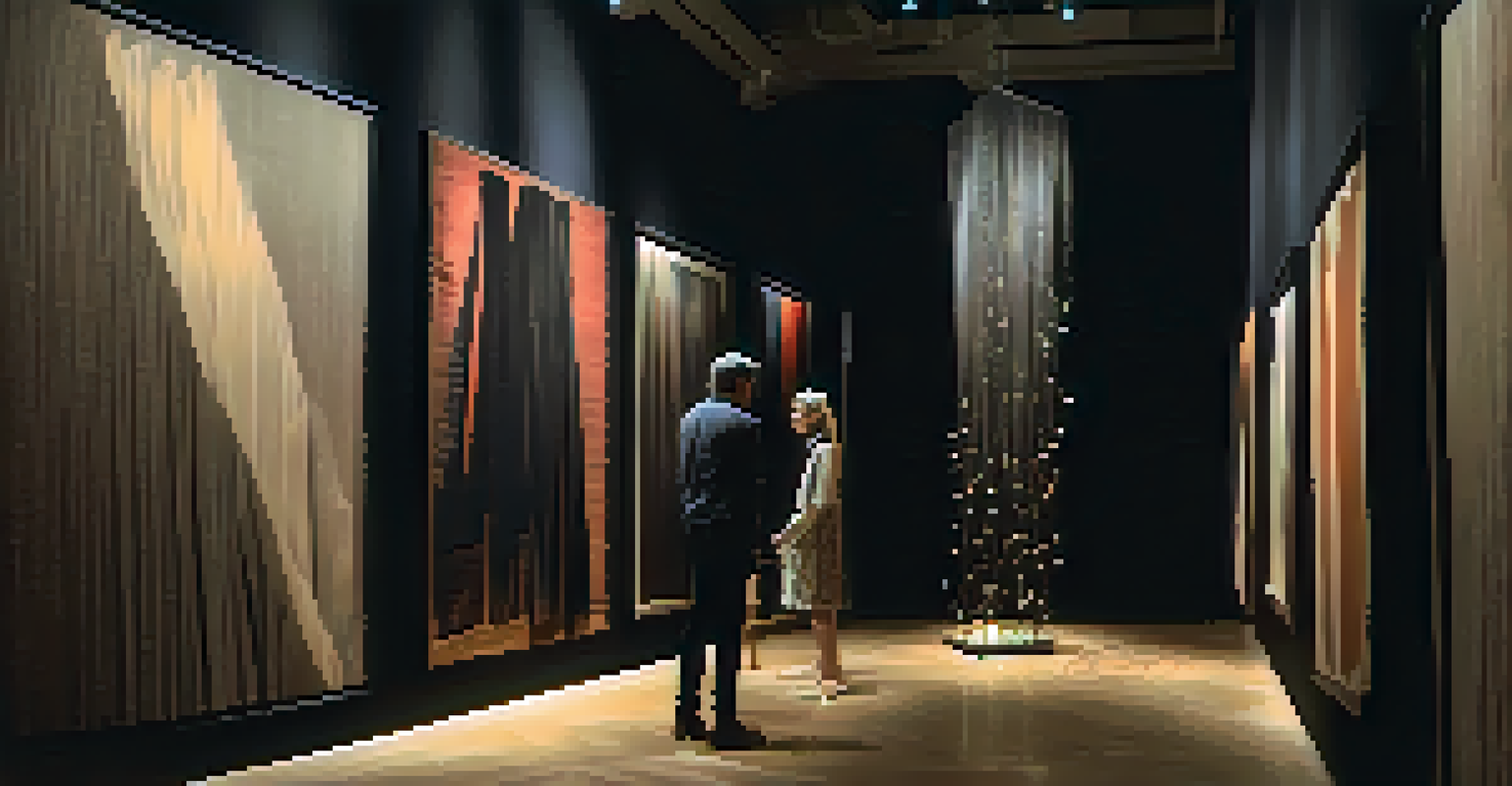 A dimly lit room with hanging fabric pieces creating depth, highlighting textures, and silhouettes of viewers exploring the installation.