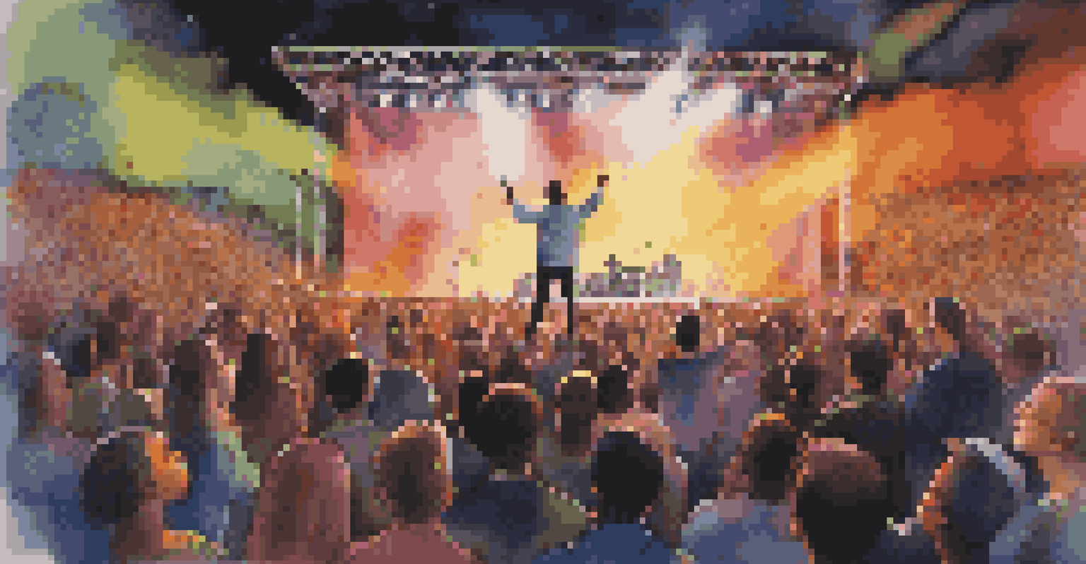 An artist performing on stage at an outdoor concert, engaging a lively audience with themes of social justice.