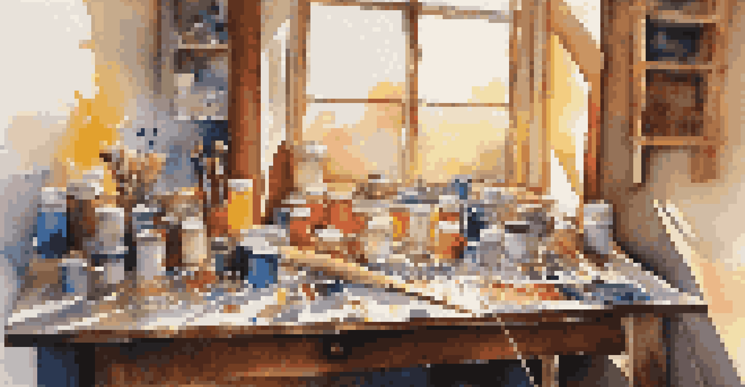 An artist's workspace with paint tubes, brushes, and a half-finished abstract canvas illuminated by sunlight.