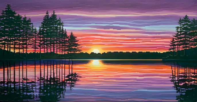 A beautiful sunset over a calm lake, with silhouetted trees and colorful sky reflections in the water.