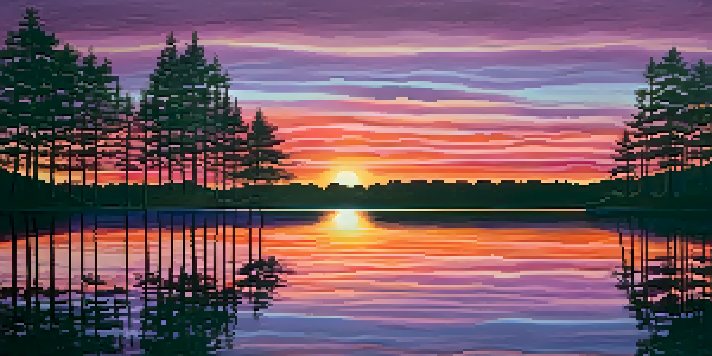 A beautiful sunset over a calm lake, with silhouetted trees and colorful sky reflections in the water.