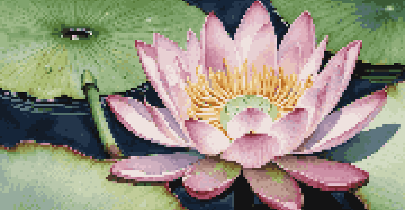 A close-up view of a pink and white lotus flower in a calm pond, surrounded by lily pads.