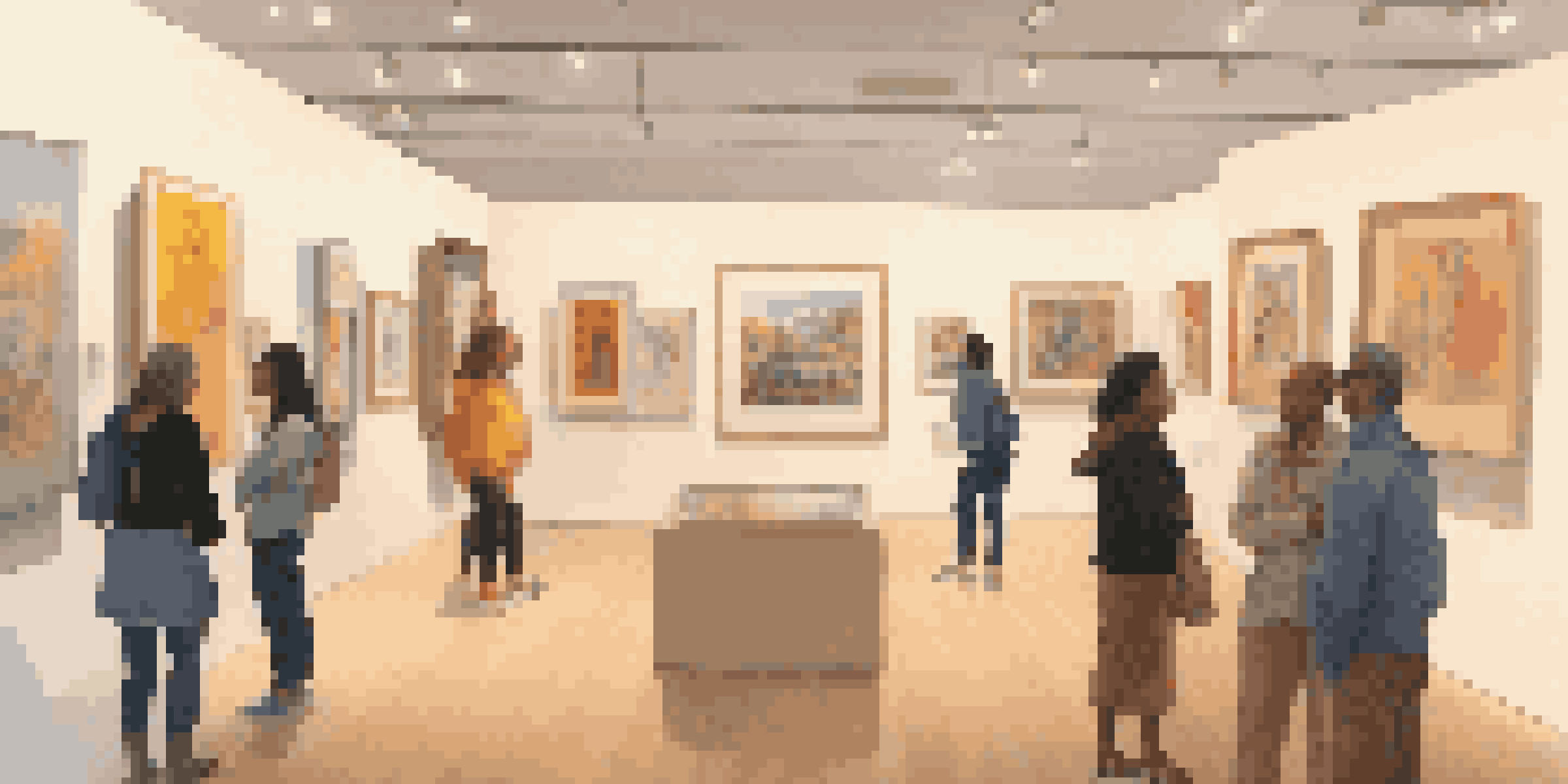 A diverse art gallery showcasing colorful artworks and sculptures, with visitors appreciating the pieces in a warm, inviting atmosphere.