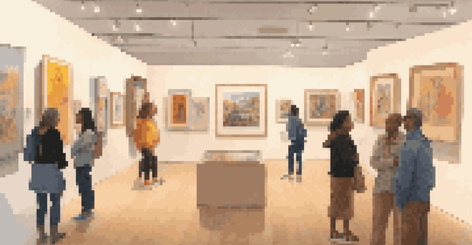 A diverse art gallery showcasing colorful artworks and sculptures, with visitors appreciating the pieces in a warm, inviting atmosphere.