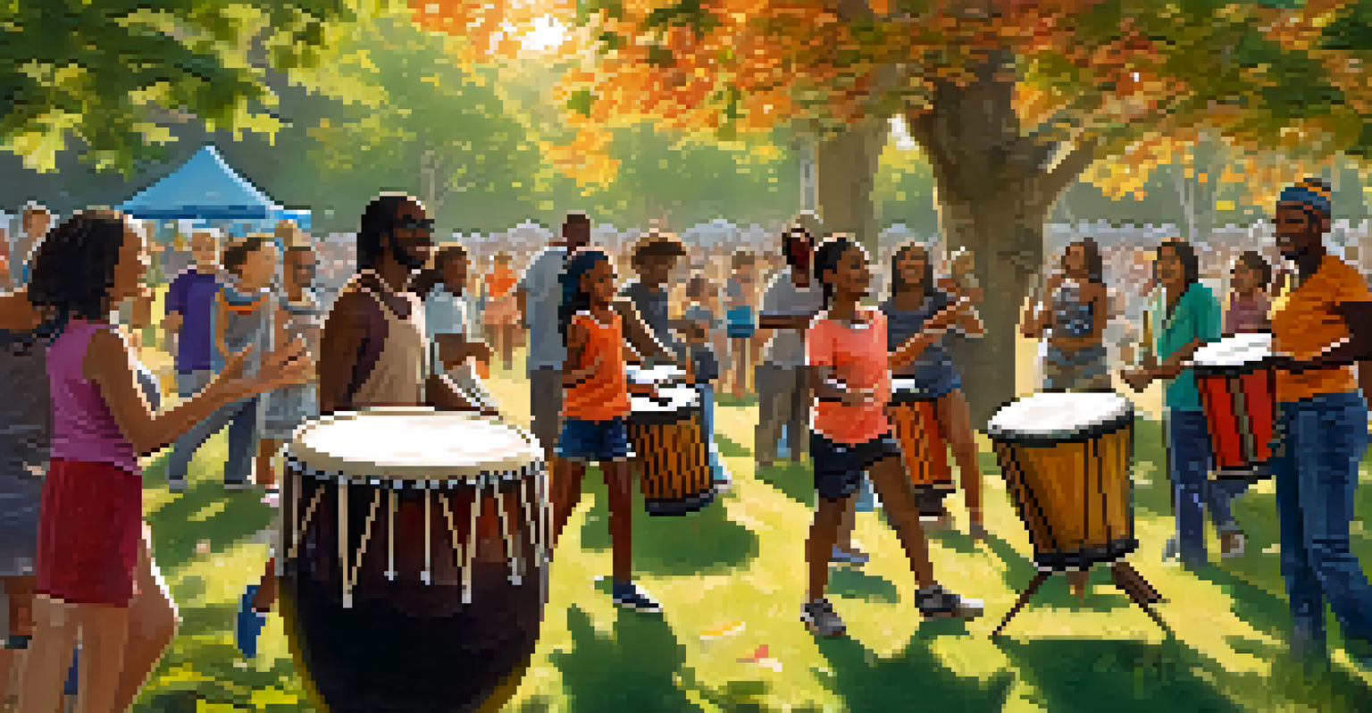 A diverse group of people in a park engaged in a drum circle, with vibrant clothing and joyful expressions, surrounded by nature.