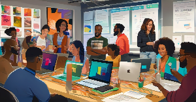 A diverse group of people in a digital storytelling workshop, engaged in discussion and collaboration.