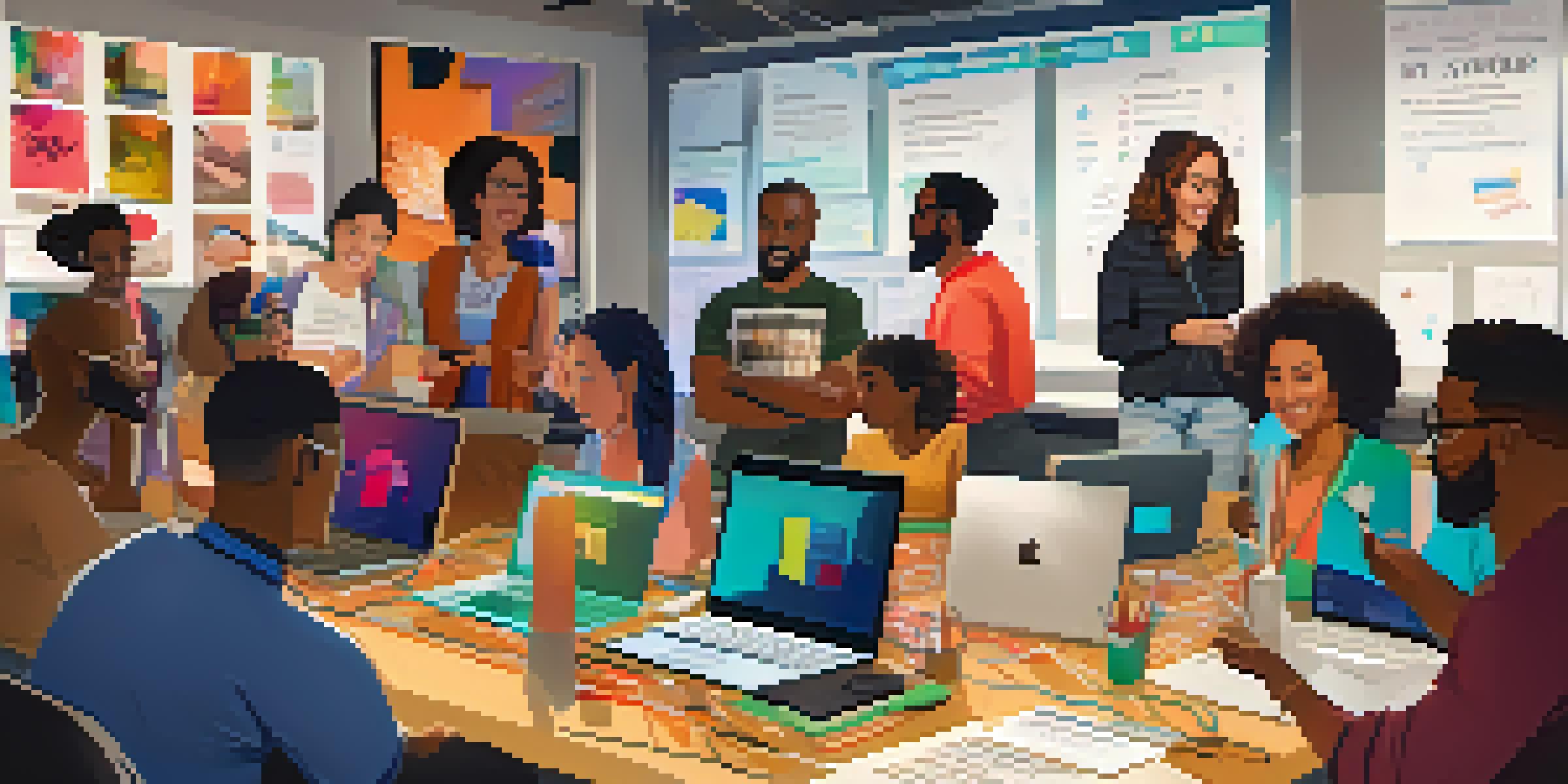 A diverse group of people in a digital storytelling workshop, engaged in discussion and collaboration.