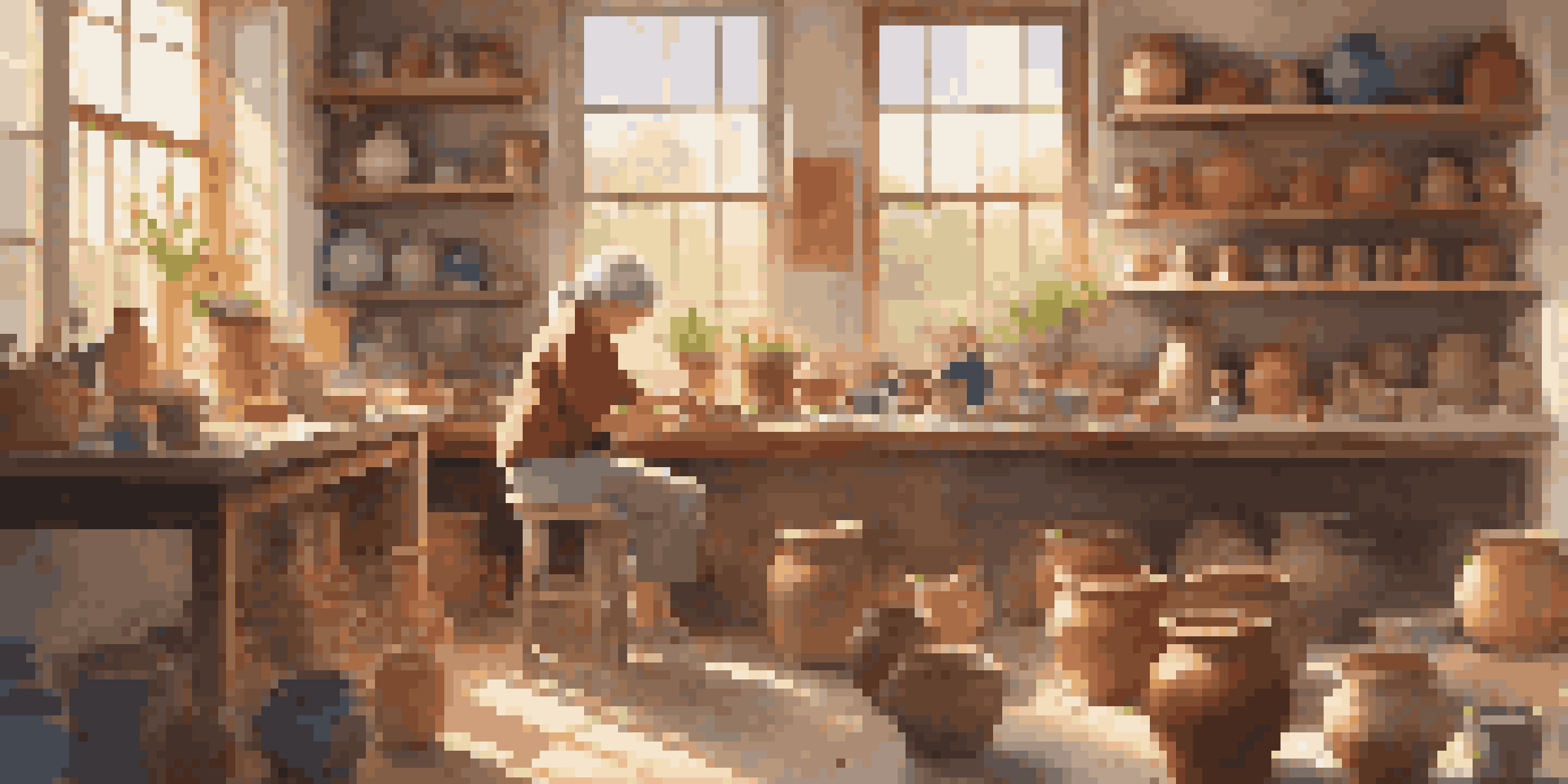 A woman sculpting clay in a bright art studio filled with paintings and art supplies.