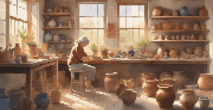 A woman sculpting clay in a bright art studio filled with paintings and art supplies.
