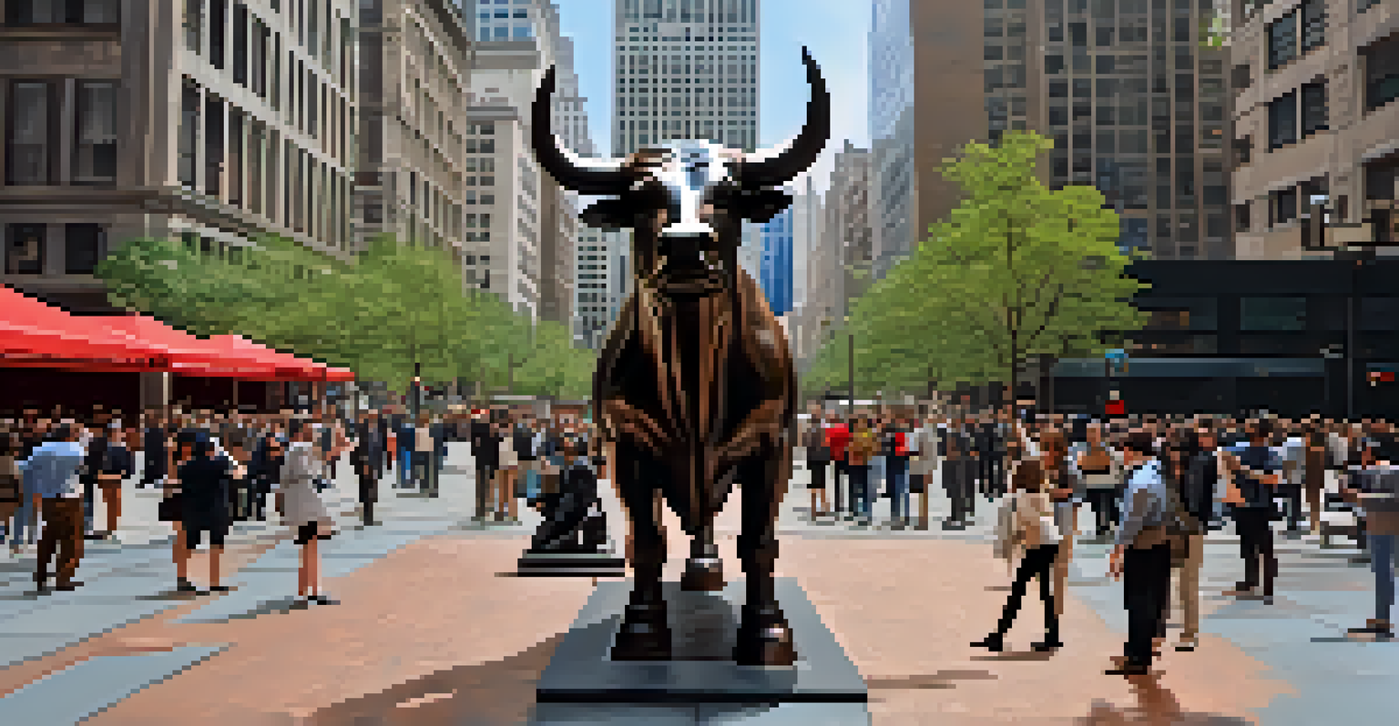 The 'Fearless Girl' statue in front of the Charging Bull in a busy city setting, symbolizing empowerment and resilience.