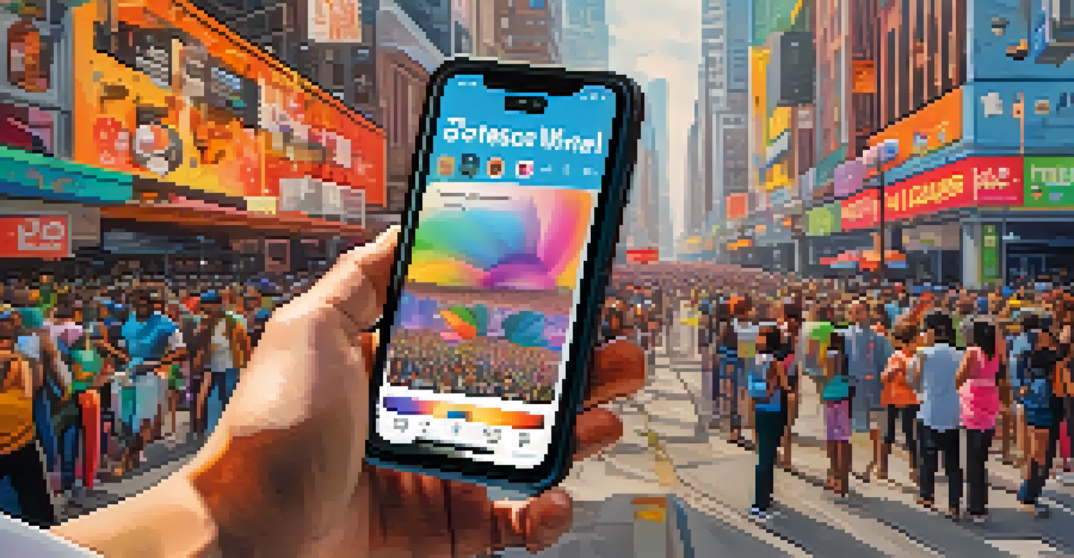 A smartphone screen displaying a vibrant social media feed filled with digital art addressing social issues in a blurred urban setting.