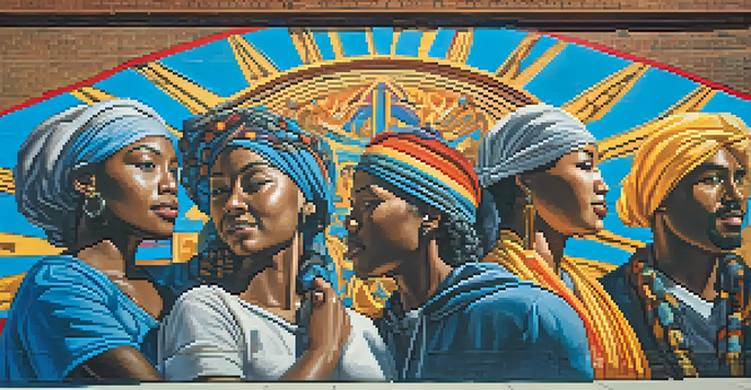 A colorful mural of diverse individuals standing together in protest, surrounded by symbols of peace and justice against a brick wall.