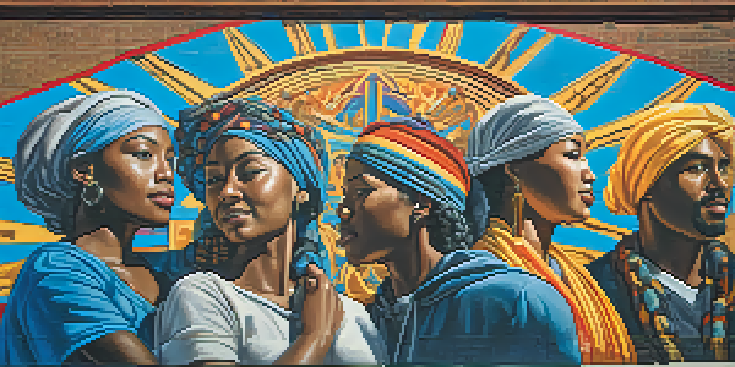 A colorful mural of diverse individuals standing together in protest, surrounded by symbols of peace and justice against a brick wall.