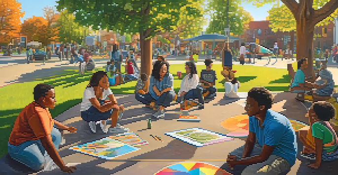 A lively urban park with community members participating in an art installation, surrounded by colorful murals.