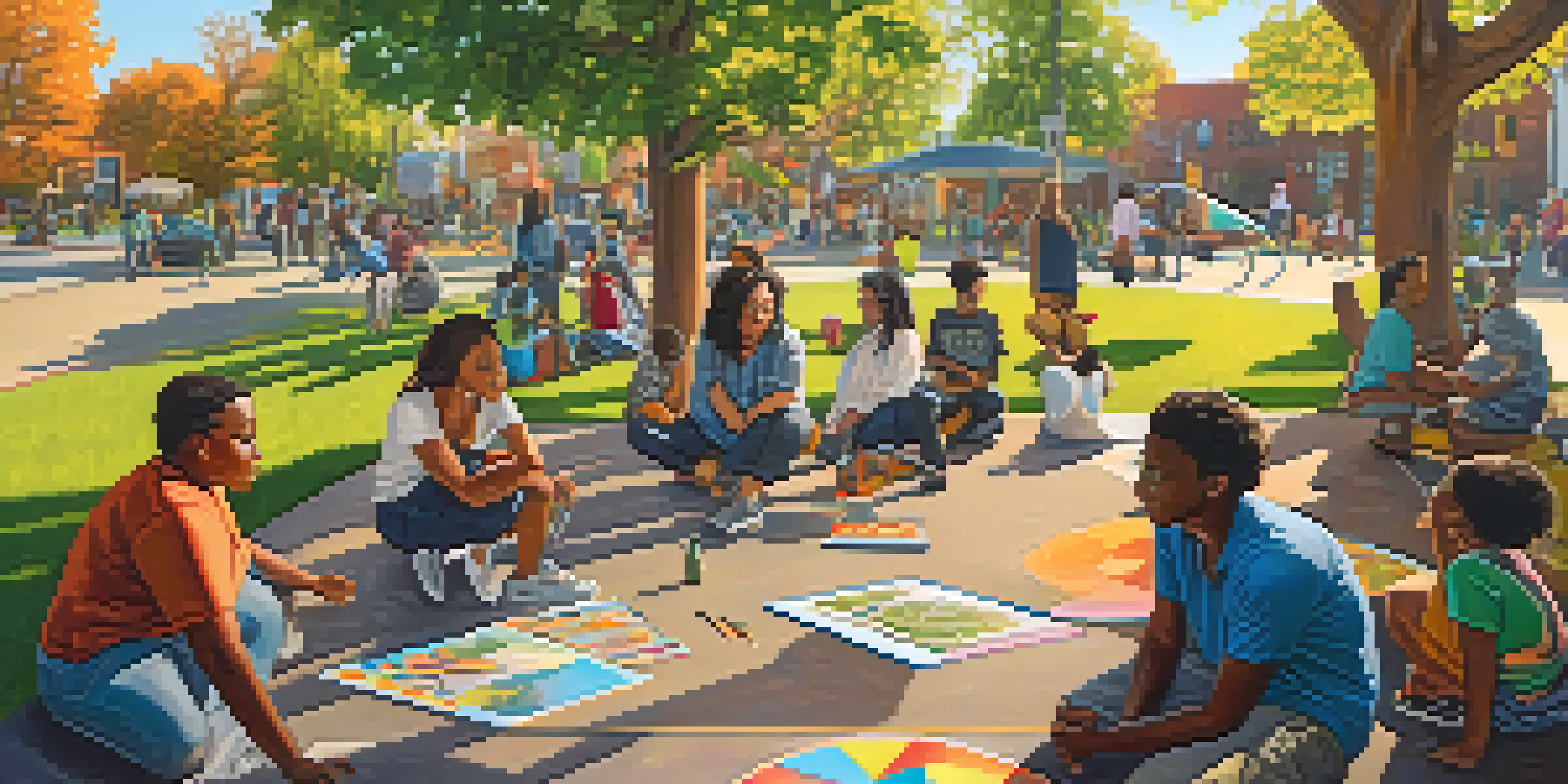 A lively urban park with community members participating in an art installation, surrounded by colorful murals.