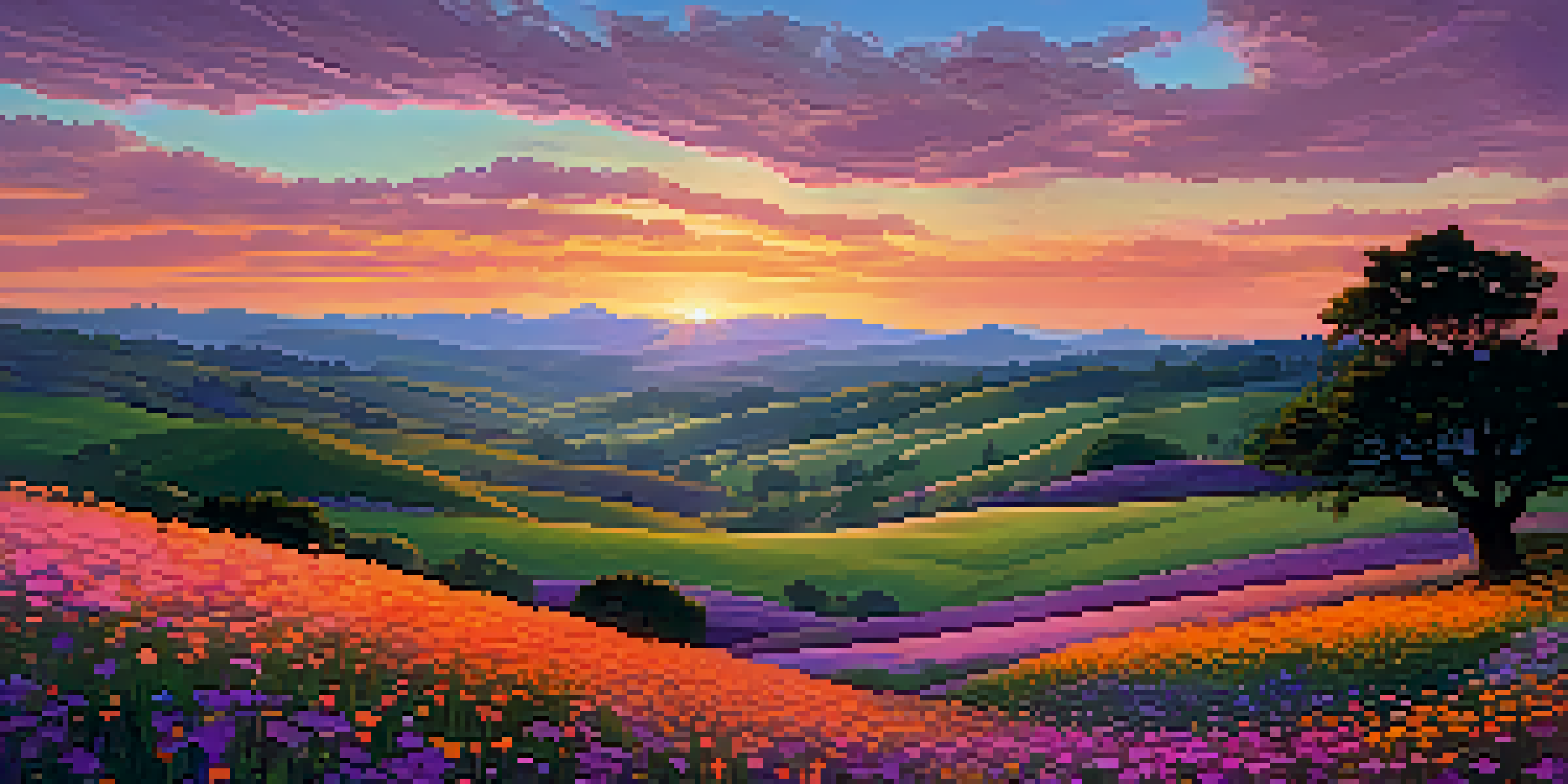 A tranquil landscape with rolling hills, wildflowers, and a vibrant sunset sky in warm hues.