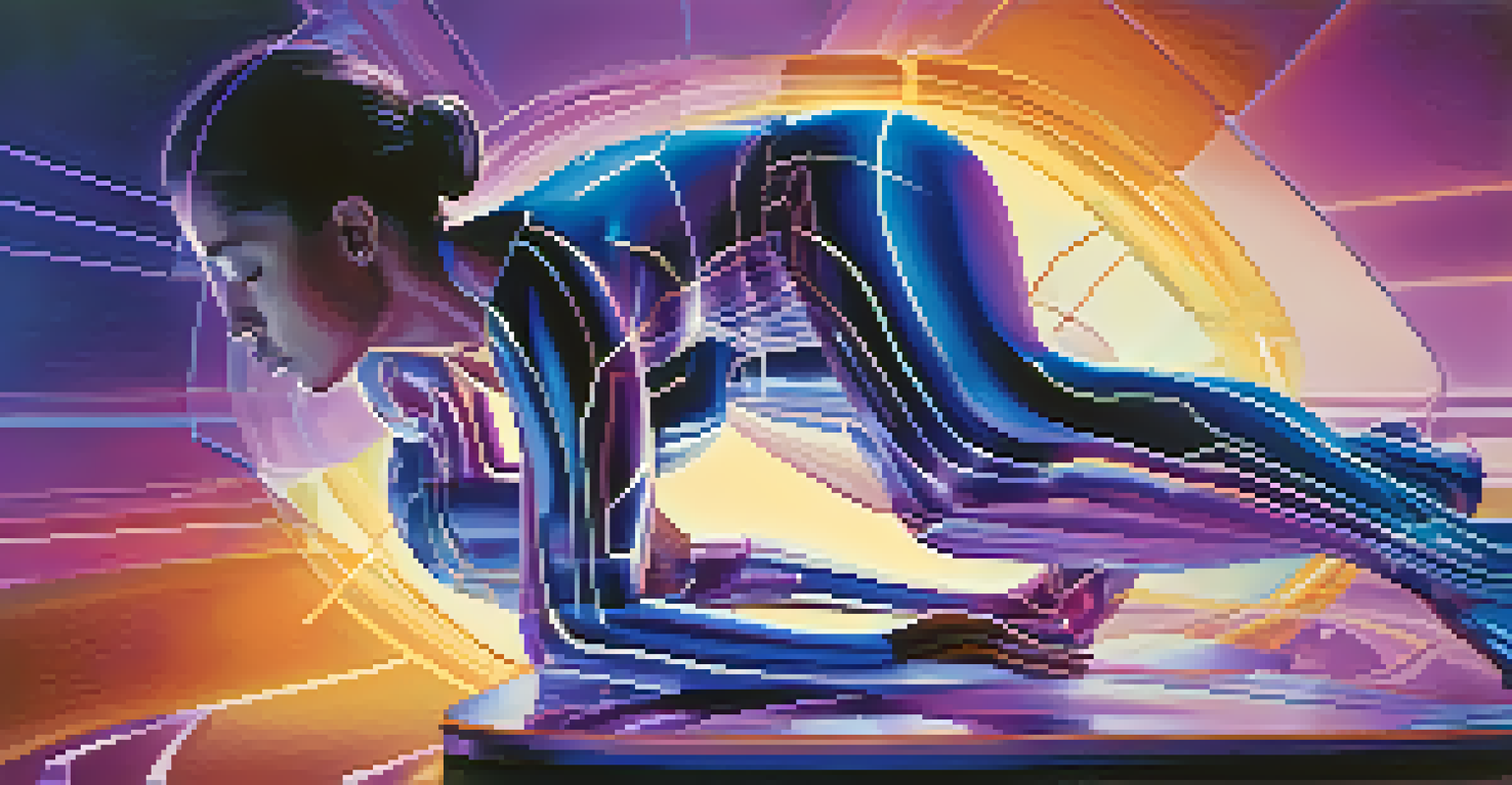 An abstract digital representation of a human body made of geometric shapes and colors, with a vibrant futuristic background.