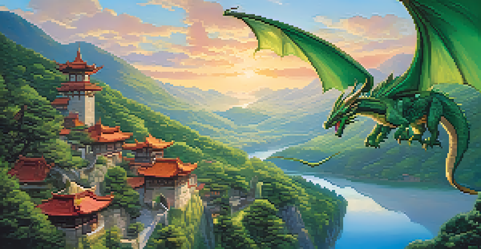 A dragon flying over a peaceful village at sunset, showcasing vibrant scales and lush landscapes.