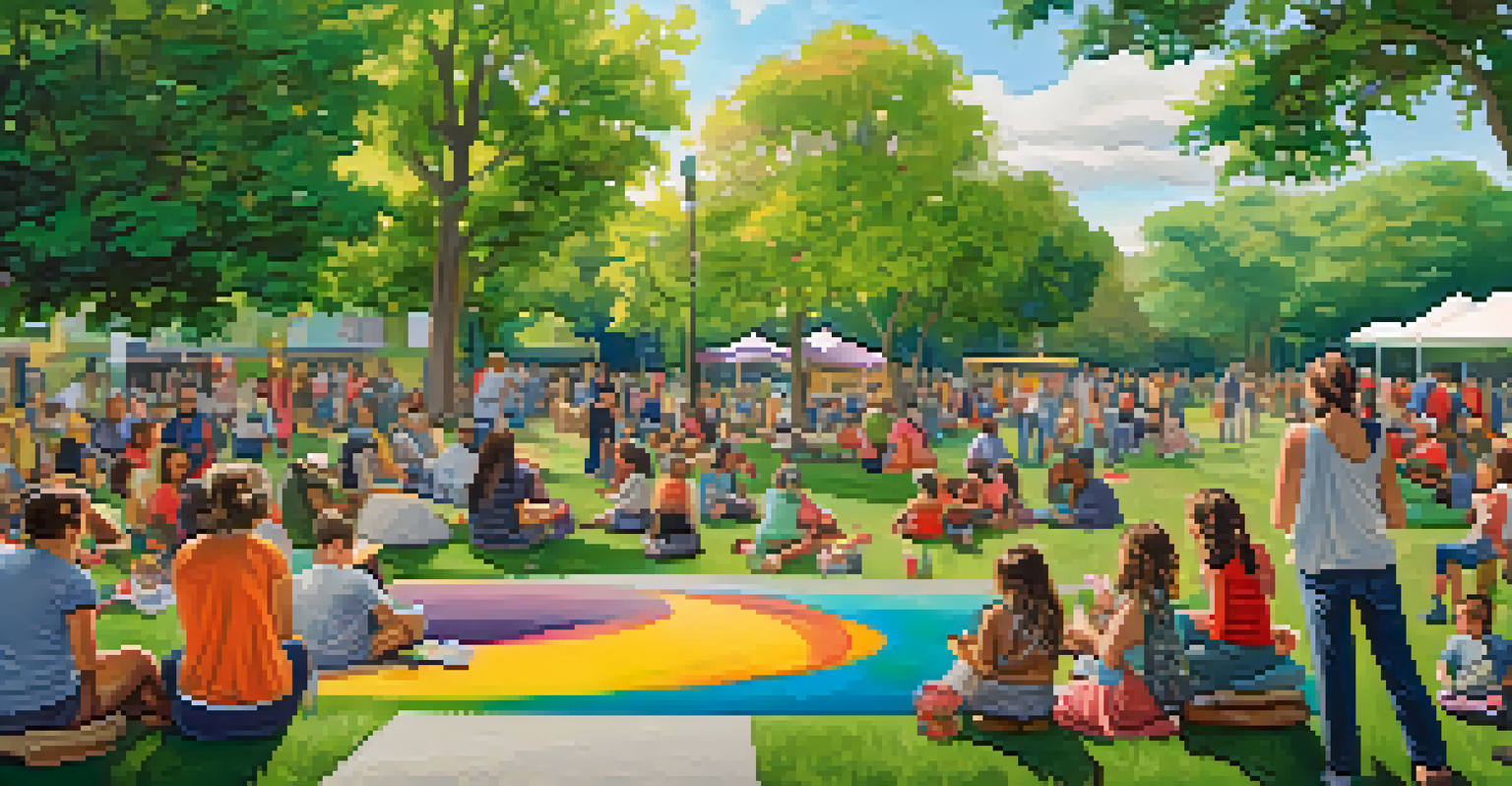 A community art event in a park with diverse individuals collaborating on a large mural surrounded by greenery and flowers.