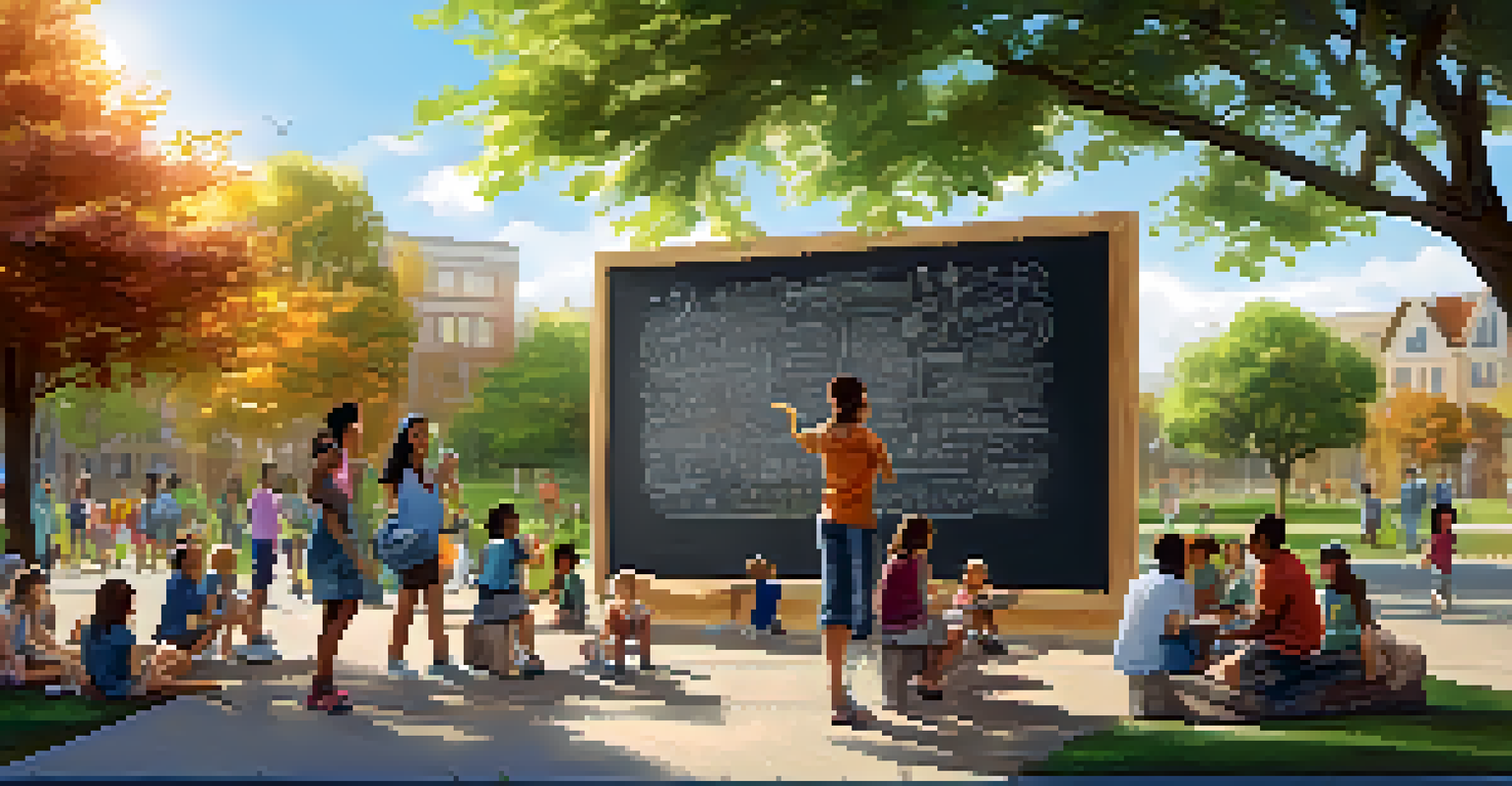 People of different ages engaging with a chalkboard wall in a sunny park, writing down their aspirations.