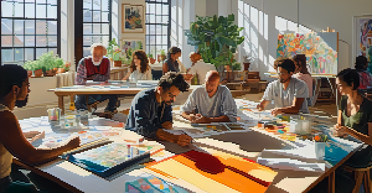 A diverse group of artists collaborating in a bright studio filled with colorful canvases and natural light.