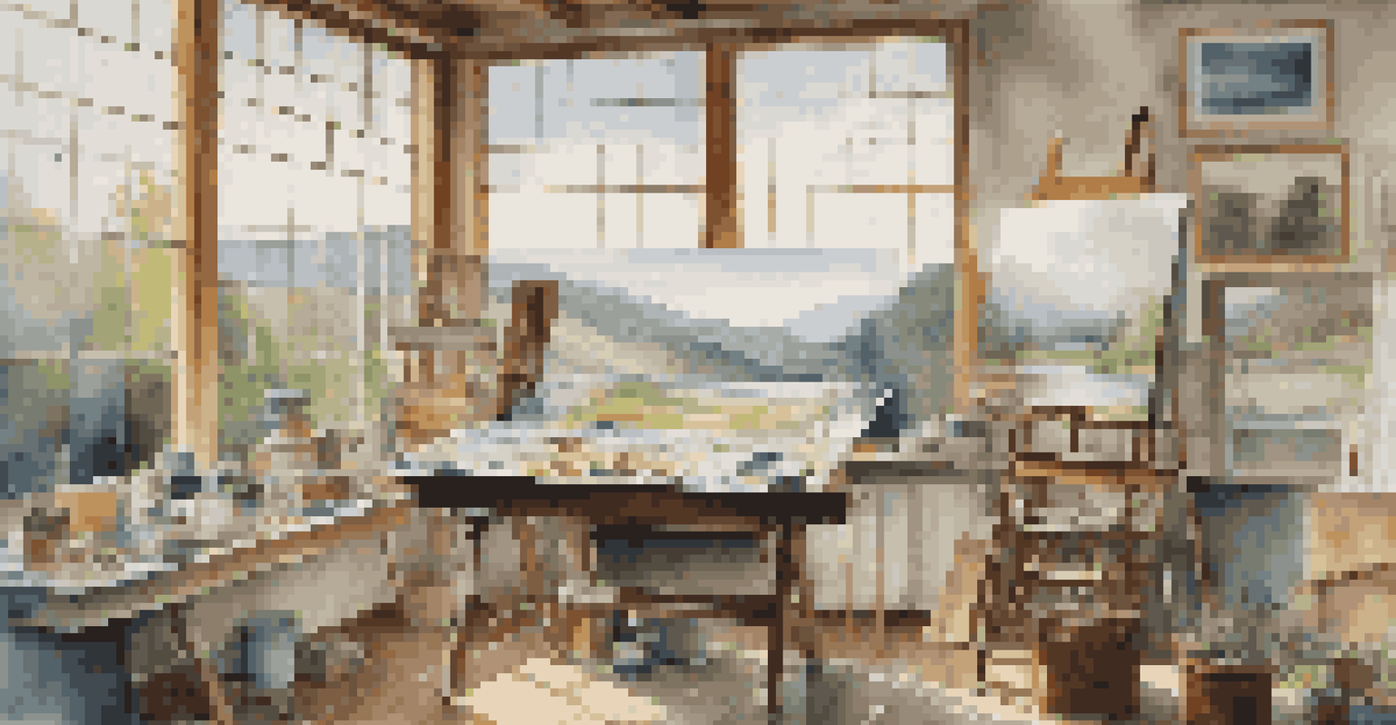 An artist's studio filled with art supplies and a view of a beautiful landscape outside the window.