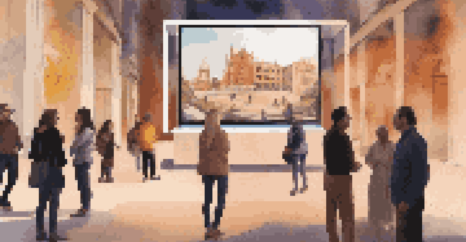 An interactive art installation with digital screens and sculptures, where people engage with augmented reality in a public space during the evening.