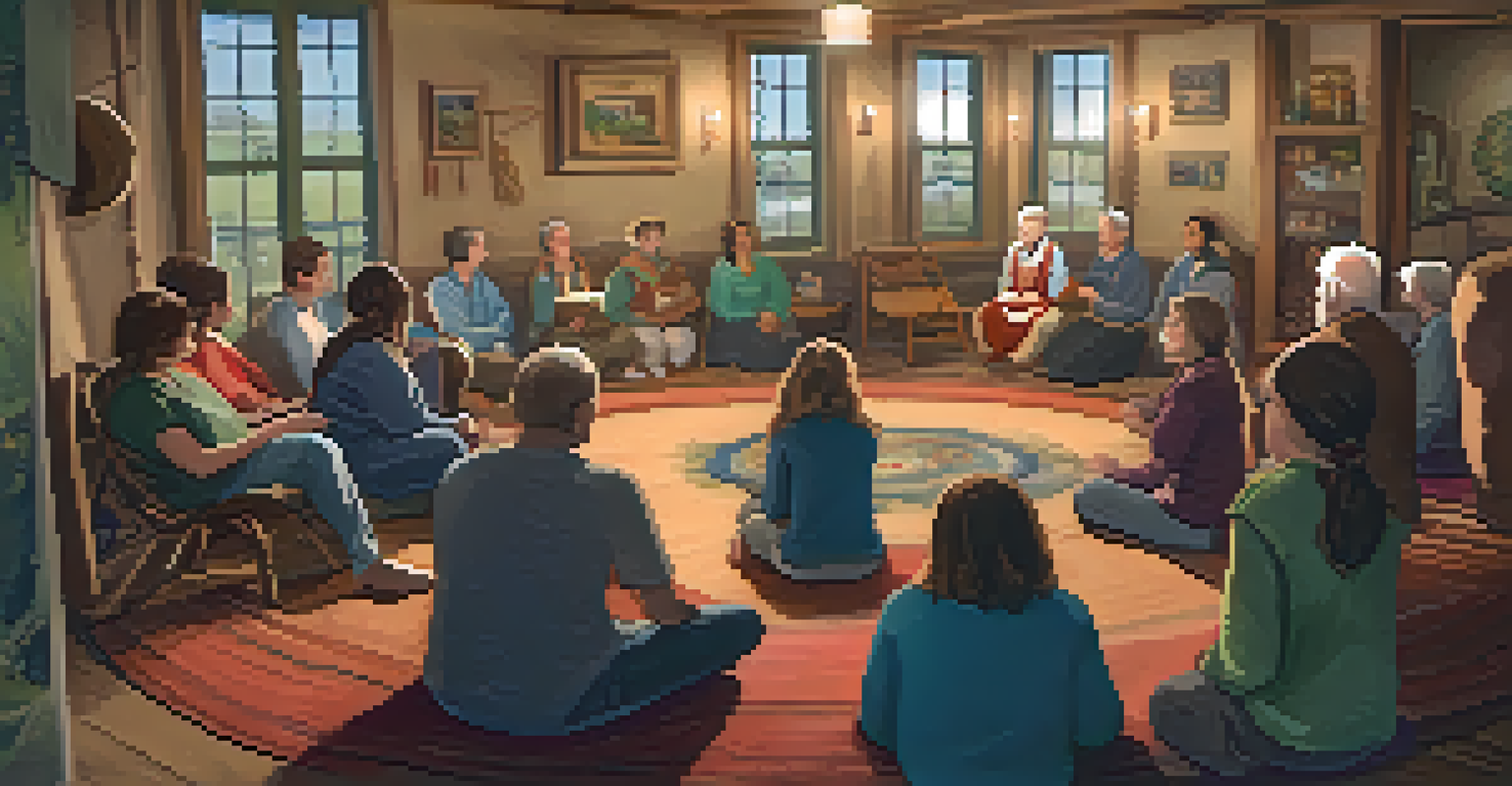 An indoor storytelling event with a diverse group of people sitting in a circle, captivated by a storyteller, surrounded by crafts and warm lighting.