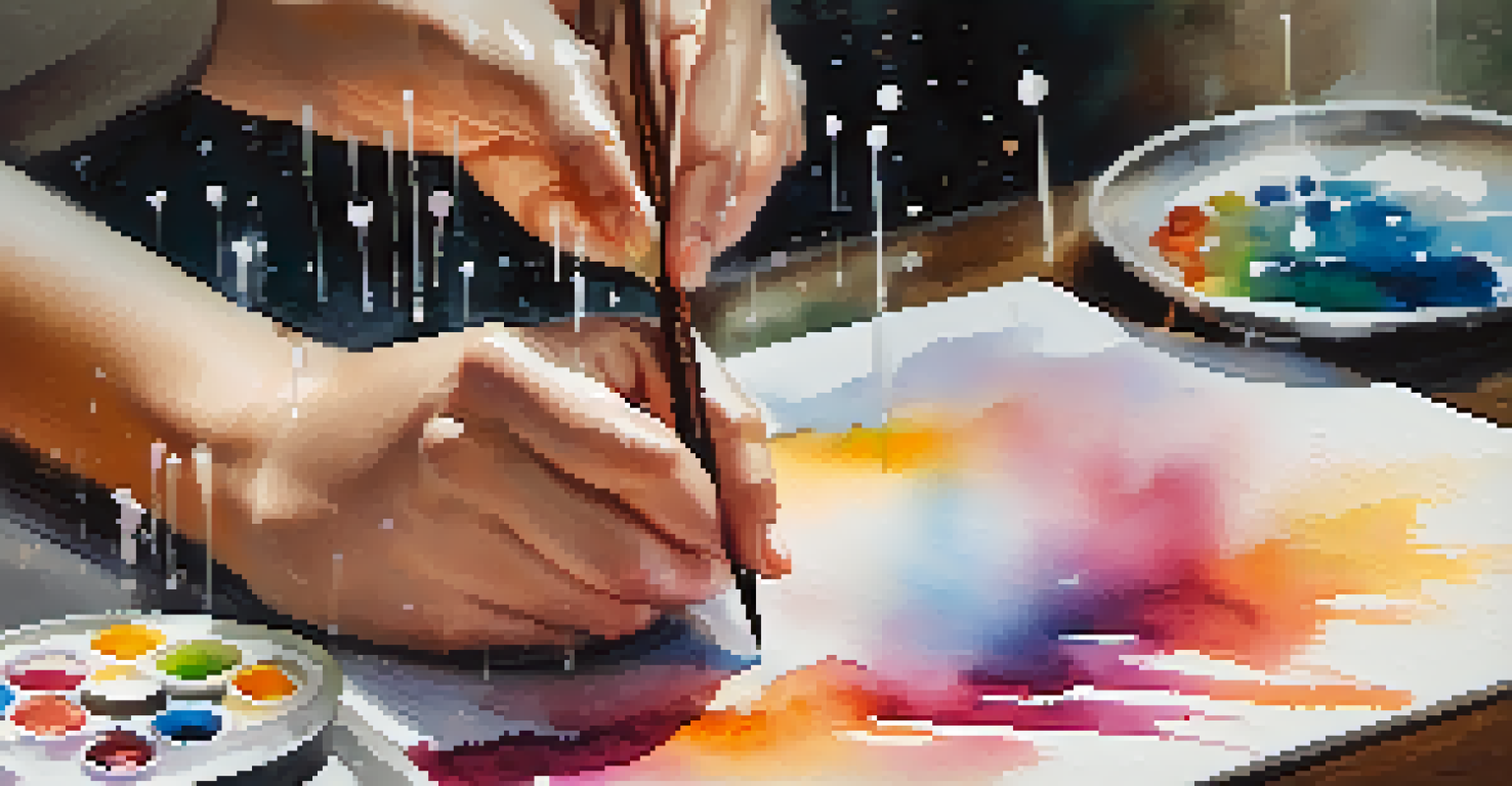 Close-up of hands painting with watercolors, showcasing brush strokes and vibrant colors on paper.