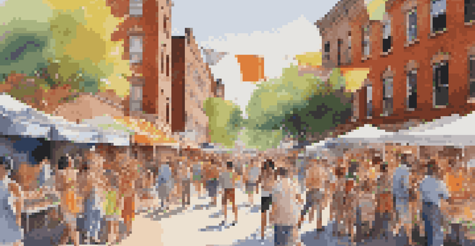 A bustling street scene with colorful murals and artists at work during an art festival, surrounded by a lively crowd and vibrant food stalls.