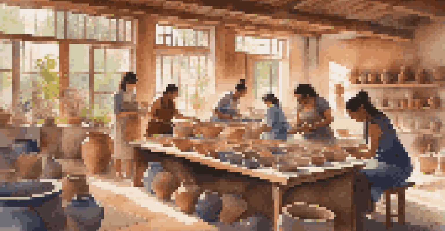 Travelers enjoying a pottery workshop in a vibrant artisan studio filled with colorful pottery and natural light.