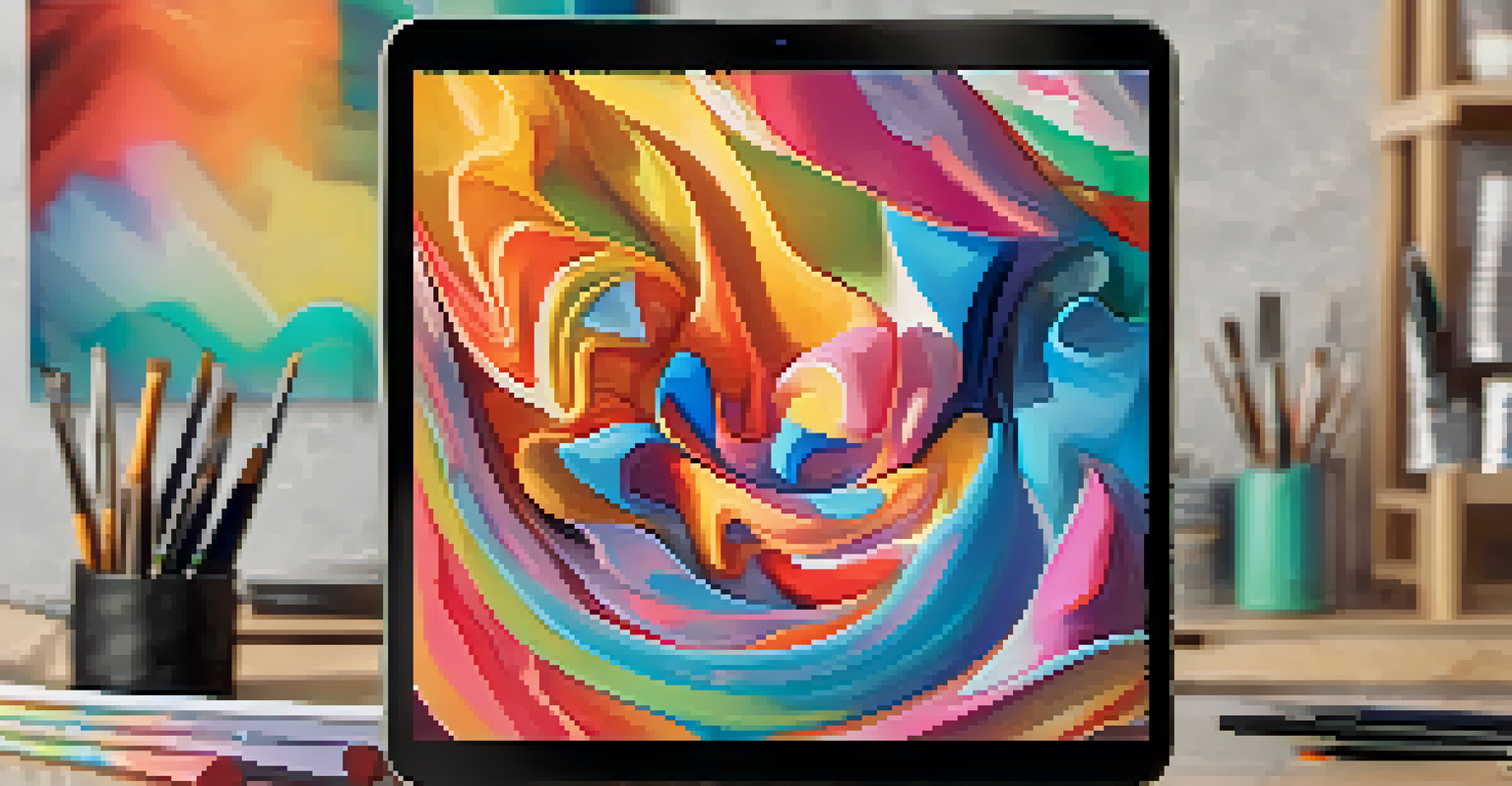 A close-up of an NFT artwork on a digital tablet with a colorful abstract design, set against a blurred art studio background.