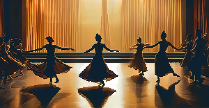 A contemporary dance performance with dancers in flowing costumes illuminated by warm amber light, and audience silhouettes in the foreground.