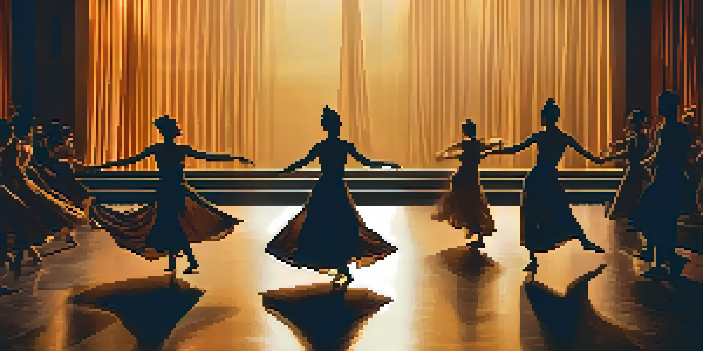 A contemporary dance performance with dancers in flowing costumes illuminated by warm amber light, and audience silhouettes in the foreground.