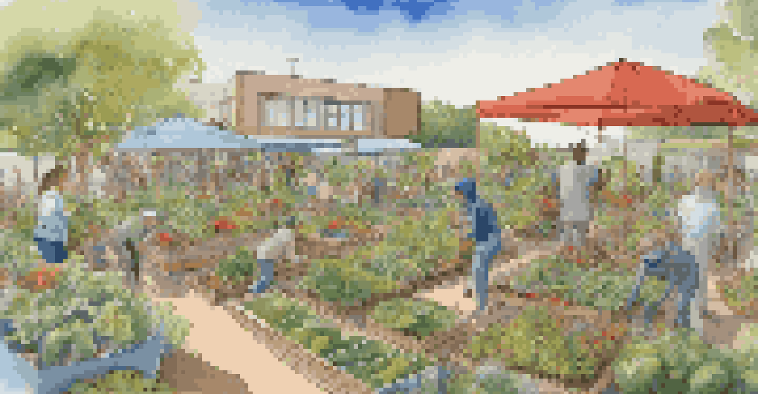 A community garden showcasing artistic installations and vibrant plants, with people participating in gardening activities under a sunny sky.