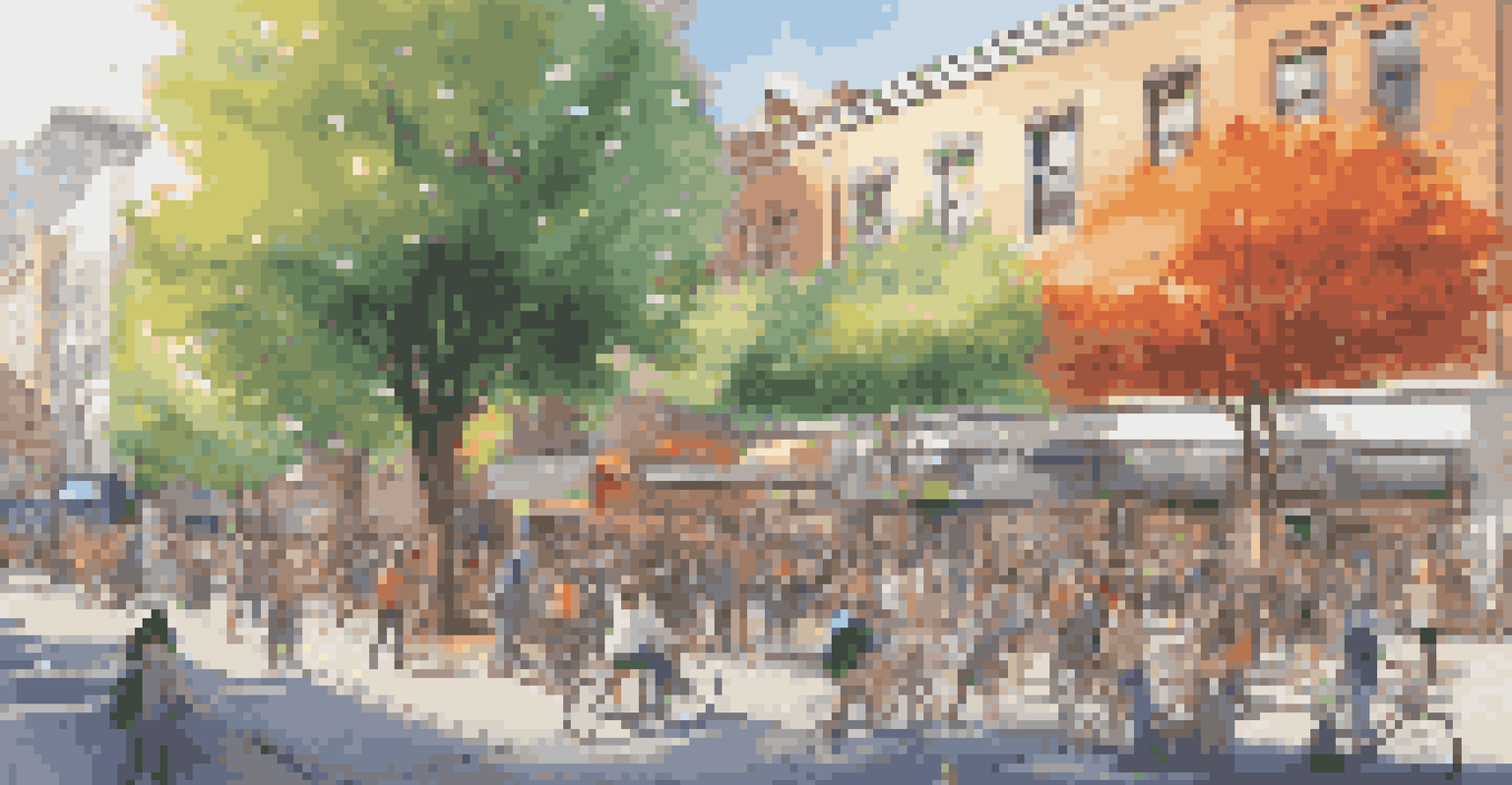 An interactive augmented reality mural of a colorful tree on a city building, with people engaging with it using smartphones, surrounded by urban elements.