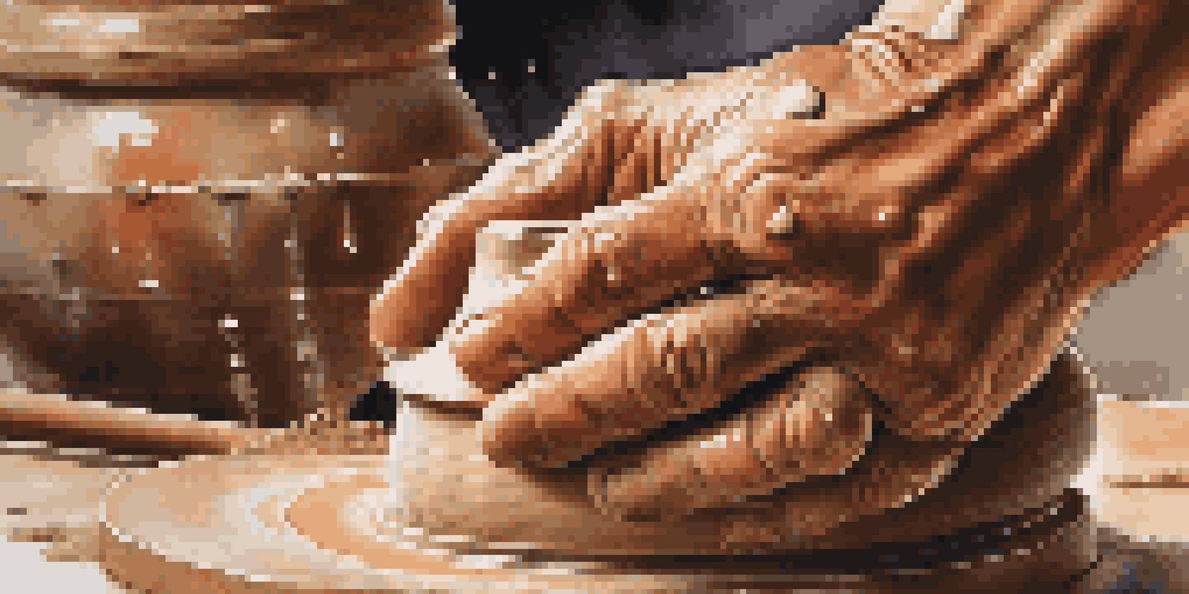 Close-up of hands shaping wet clay on a potter's wheel, highlighting the texture and artistry of pottery making.
