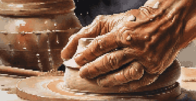 Close-up of hands shaping wet clay on a potter's wheel, highlighting the texture and artistry of pottery making.
