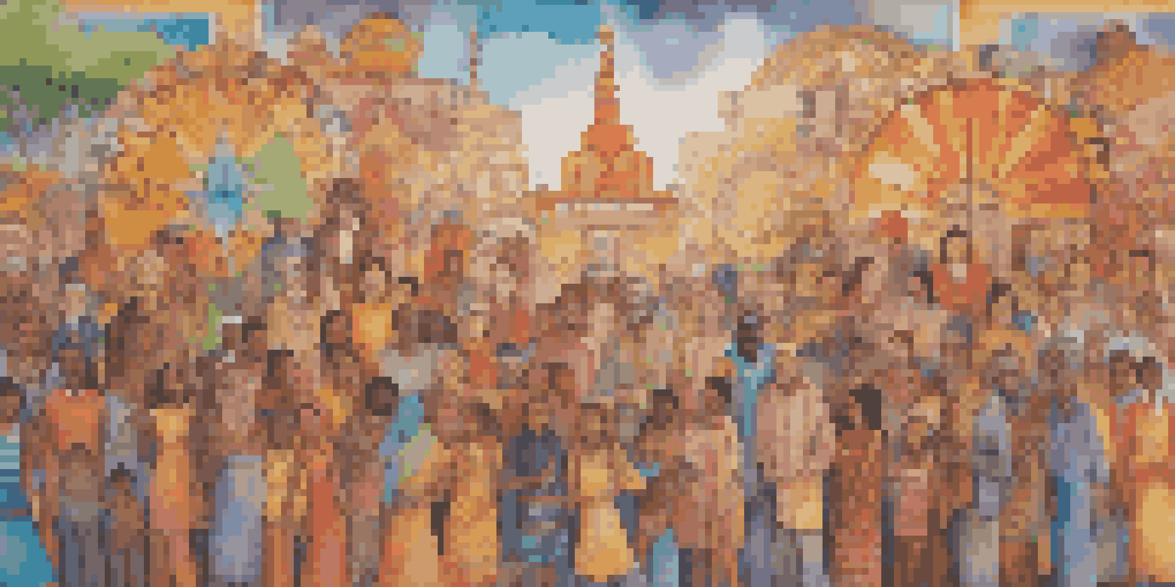 A colorful community mural showing diverse individuals united, with bright patterns and symbols representing different cultures.