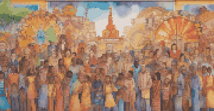 A colorful community mural showing diverse individuals united, with bright patterns and symbols representing different cultures.