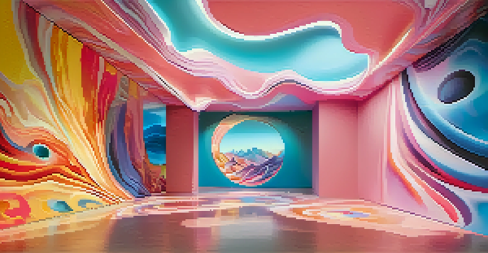 A colorful virtual reality art installation with swirling landscapes and floating geometric shapes, illuminated by soft lighting.